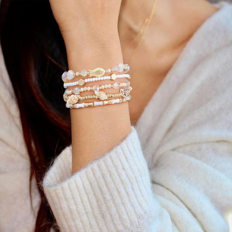 Pymach Store Dainty Gold Plated Pearl Crystal Beaded Bracelets Set for Women 14K Gold Plated Bead Pearl Beads Bracelet Stackable Paperclip Link Chain Bracelets Gold Plated Bracelets for Women Trendy Jewelry - Image 3